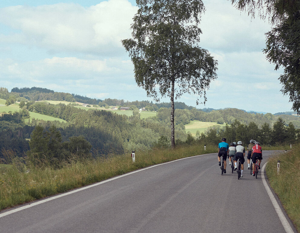 Rennradfahrer fahren eine Straße entlang.